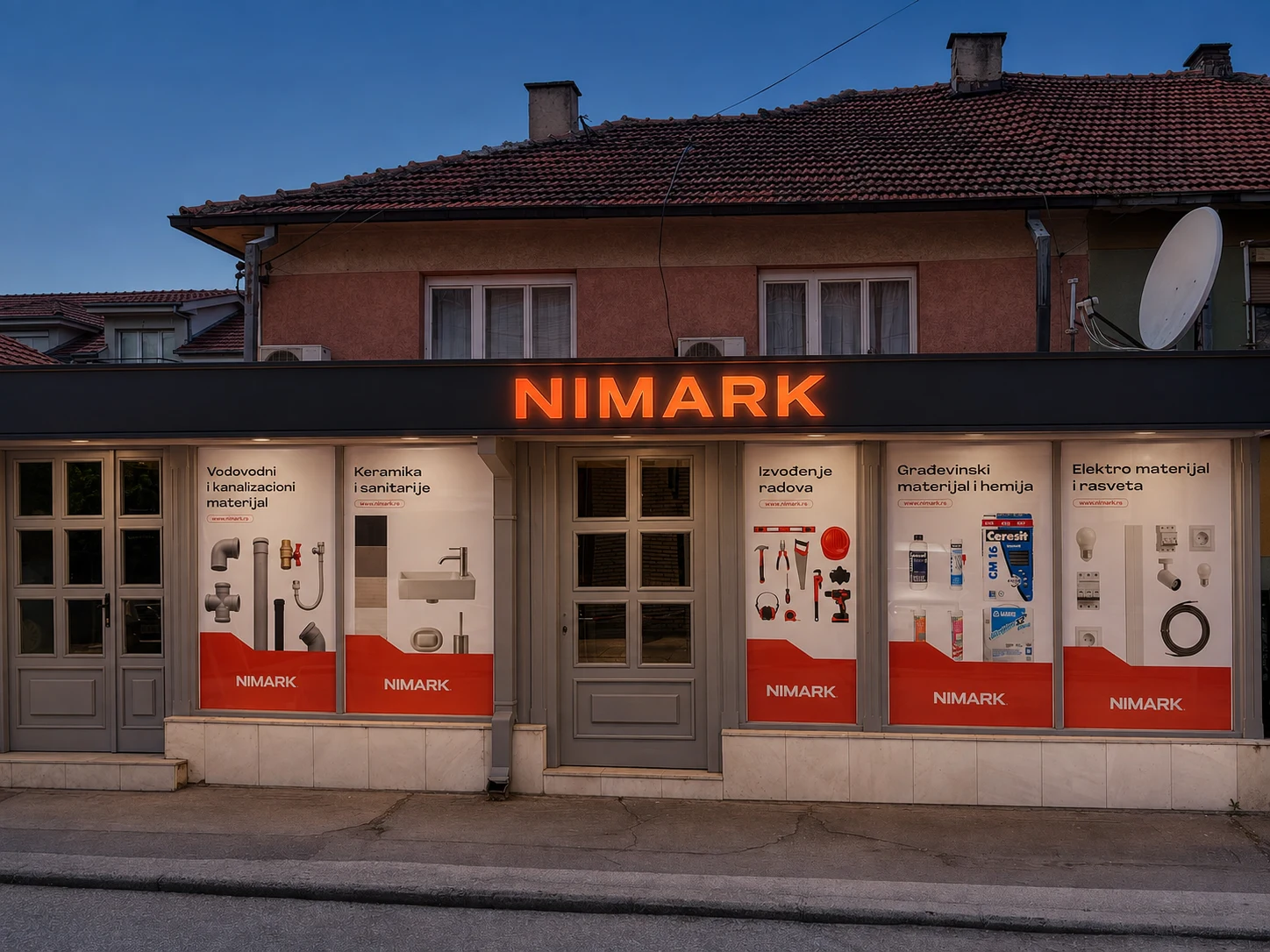 NIMARK radnja u Nišu — uređeni prikaz objekta sa svetlećom reklamom